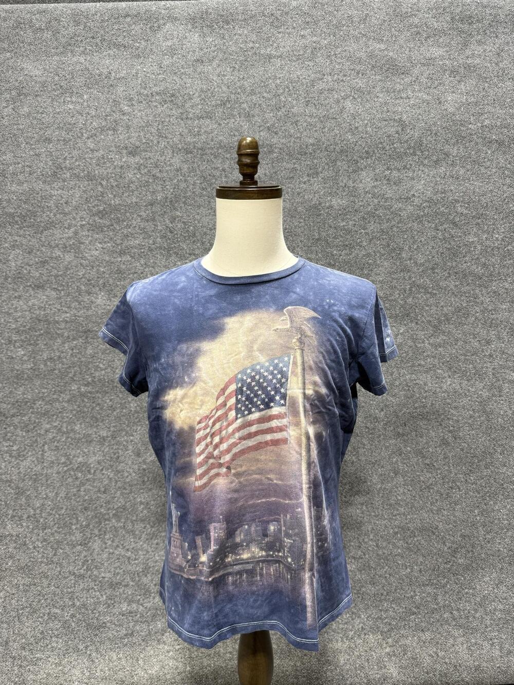 Thomas Kinkade Shirt Womens XL Blue American Flag Statue Liberty T-Shirt Tee